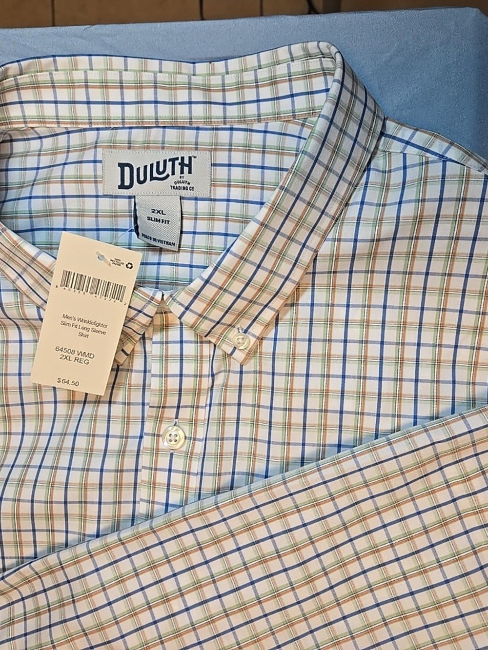 Duluth Trading Co White Plaid Button-Up Shirt with Blue and Tan Stripes 2XL NWT